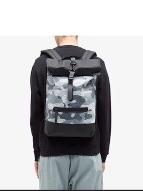 Rains Unisex Roll-Top Backpack- Rucksack in Grey, white and Black Camo